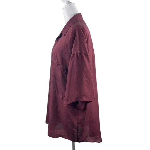 Vtg 80s City 100% Silk Tunic Top L Burgundy Blouse Button Up Romantic Boho Geek - Picture 3 of 7